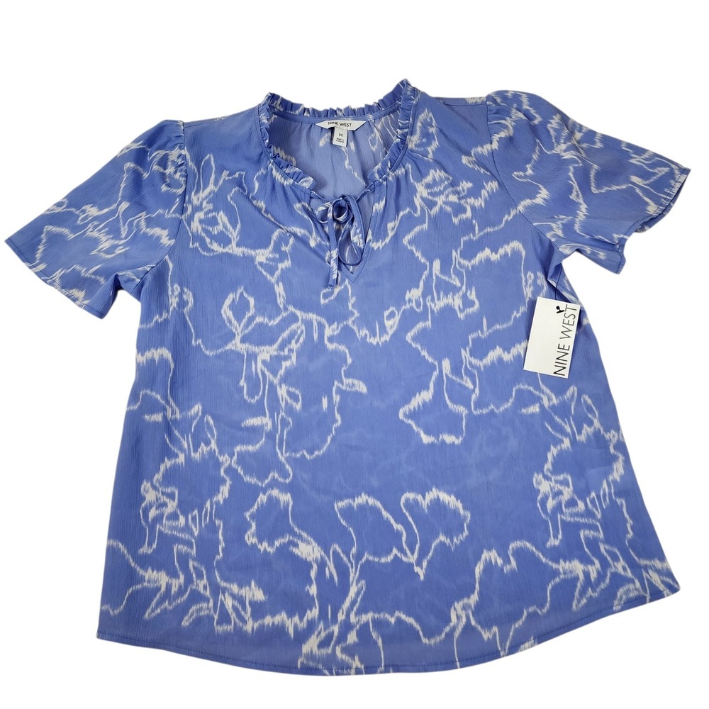 Nine West Blouse Womens Medium Blue Ikat Floral Ruffle Tie Neck WW31W201RP